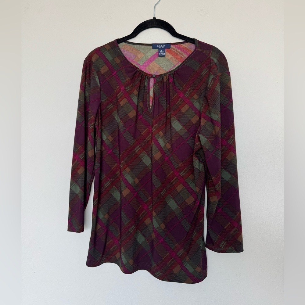 Chaps Women's Plaid Top Stretch Christmas Holiday Keyhole Lightweight Size Large